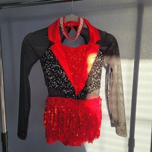 Red and Black Sequin Fringe Jazz Dance Dress